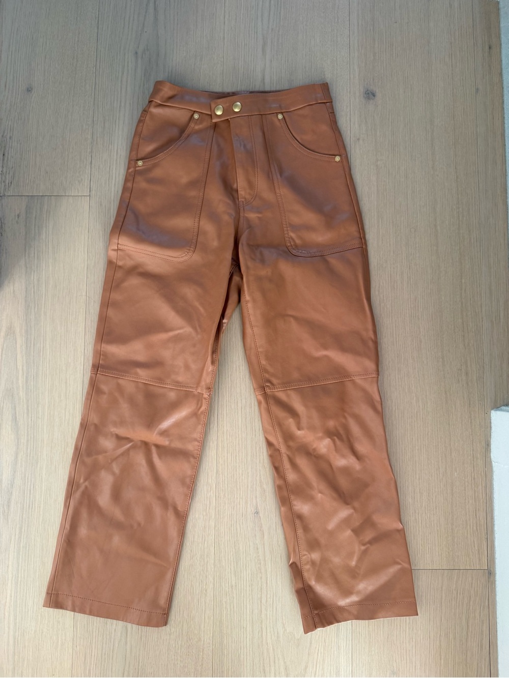 Blank NYC Faux Leather Pants in Warm Tan with Gold Hardware